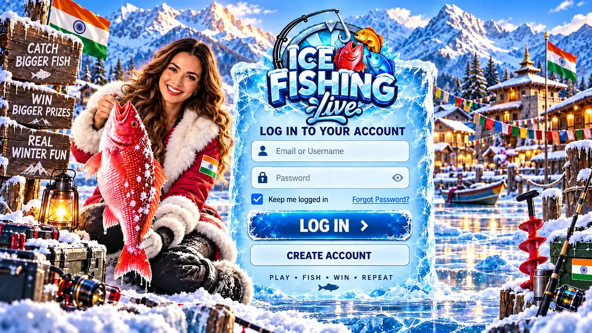 Ice Fishing Live login form with email, password, Log In and Create Account, next to a player holding a red fish
