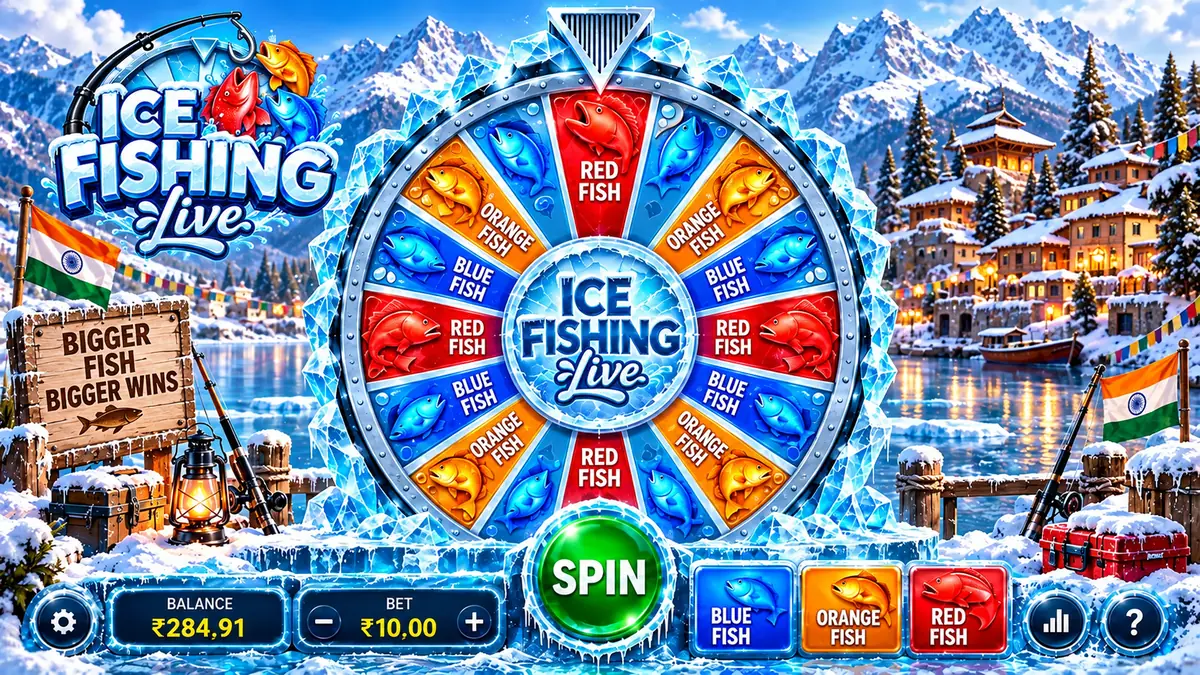 Ice Fishing game screen with the wheel, a ₹284.91 balance, a ₹10 bet and blue, orange and red fish buttons
