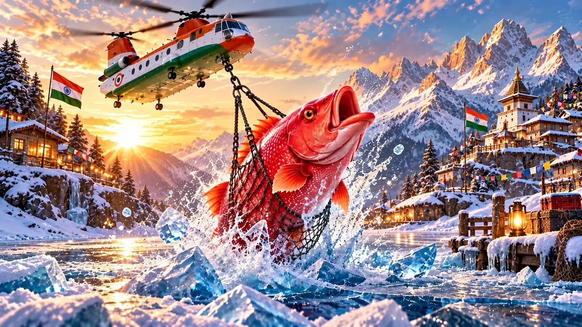 Helicopter hoisting a giant red fish out of the ice during the Huge Reds bonus round