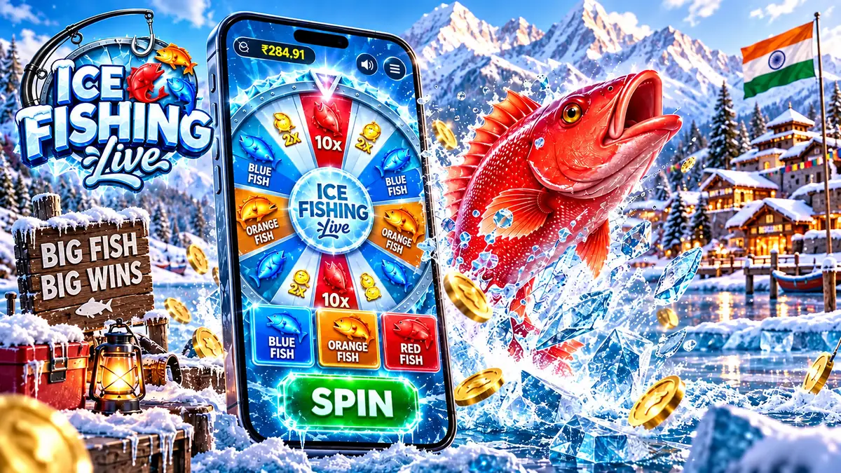 Ice Fishing Live on a smartphone: the wheel with 10x segments, blue, orange and red fish buttons and a SPIN button
