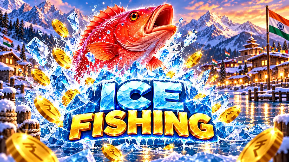 Ice Fishing title in gold letters with a red fish and rupee coins splashing out of the ice