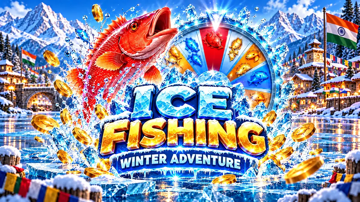 Red fish and gold coins above the Ice Fishing Winter Adventure title